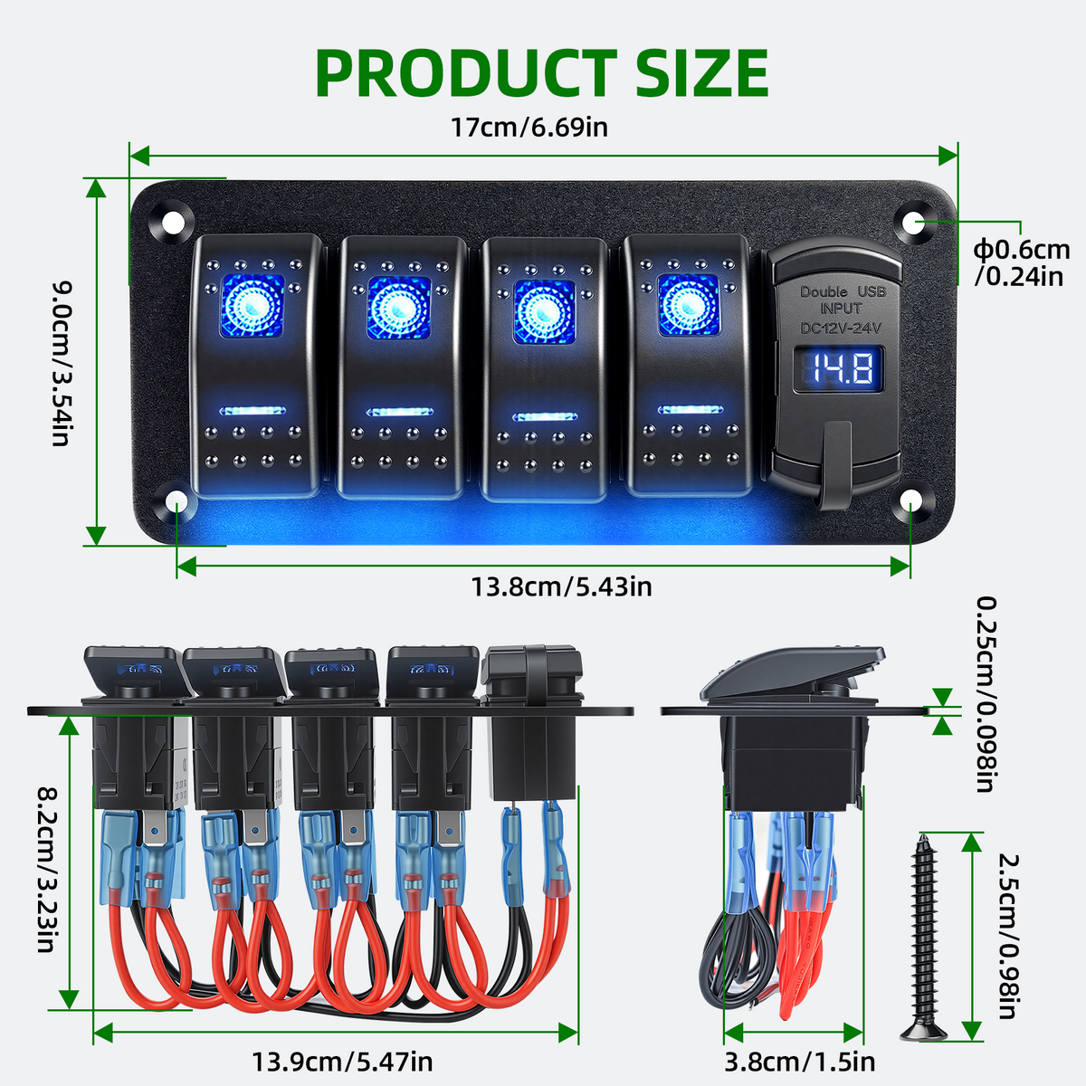 4 Gang 12V/24V Switch Panel with USB-C and Voltmeter Secondary image
