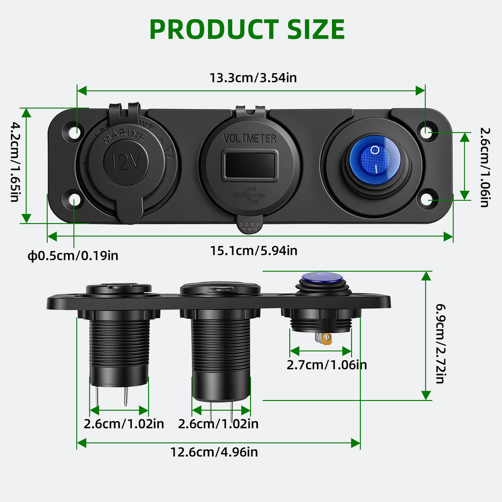 12V Power Socket Panel with USB-C & Voltage Display