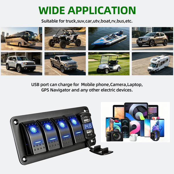 4 Gang 12V/24V Switch Panel with USB-C and Voltmeter