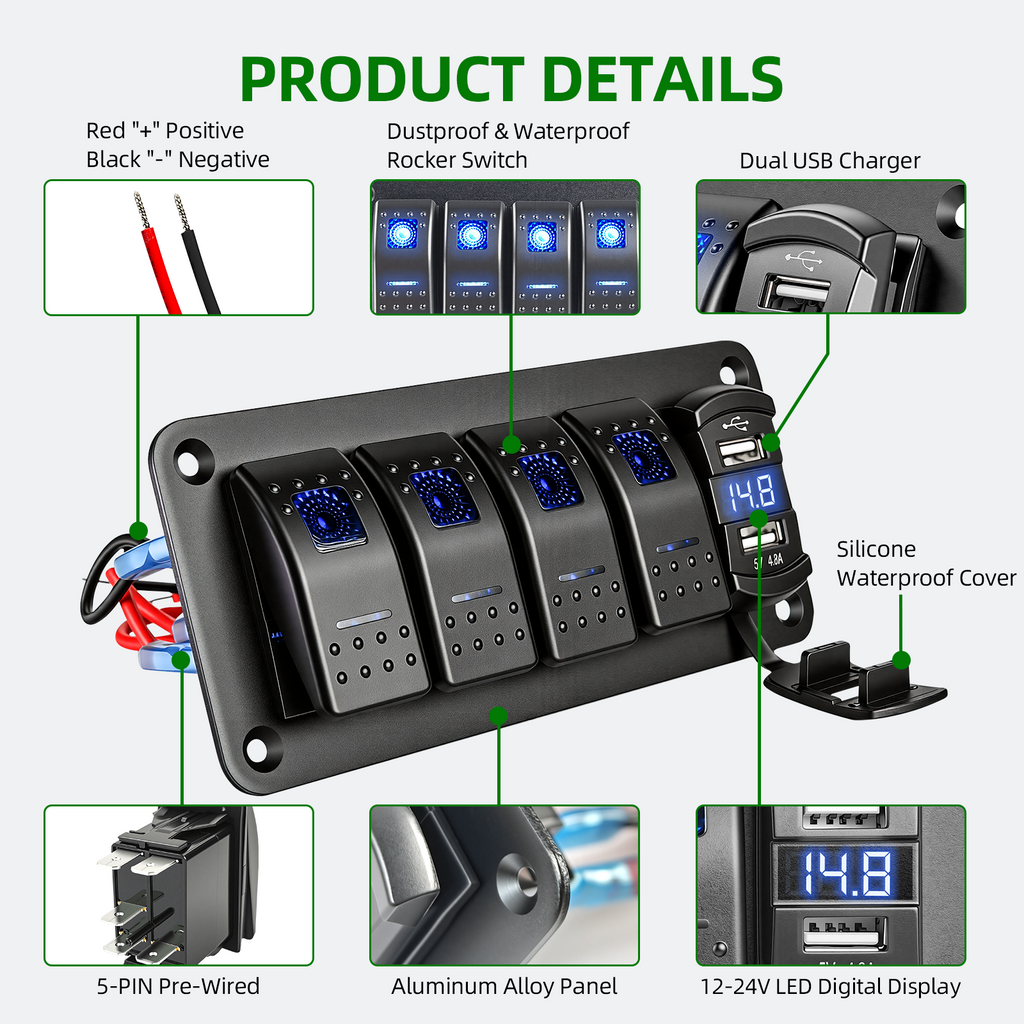 4 Gang 12V/24V Switch Panel with USB-C and Voltmeter