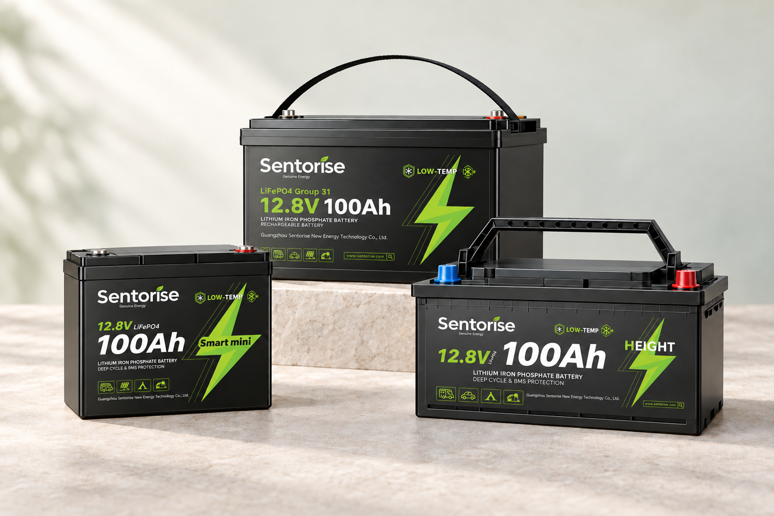 Illustrative arrangement of Sentorise 100Ah SuperMini, DIN and Group31 battery formats.