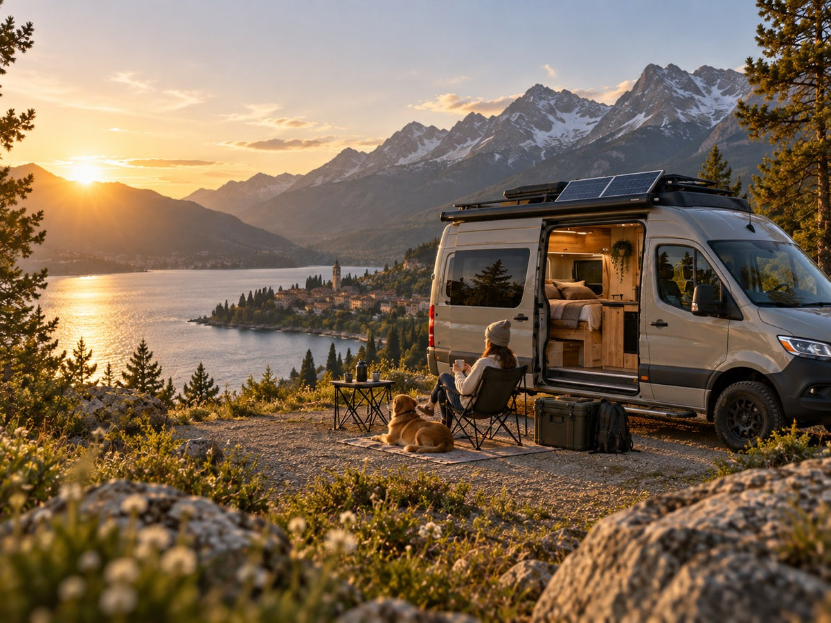 Campervan beside a mountain lake