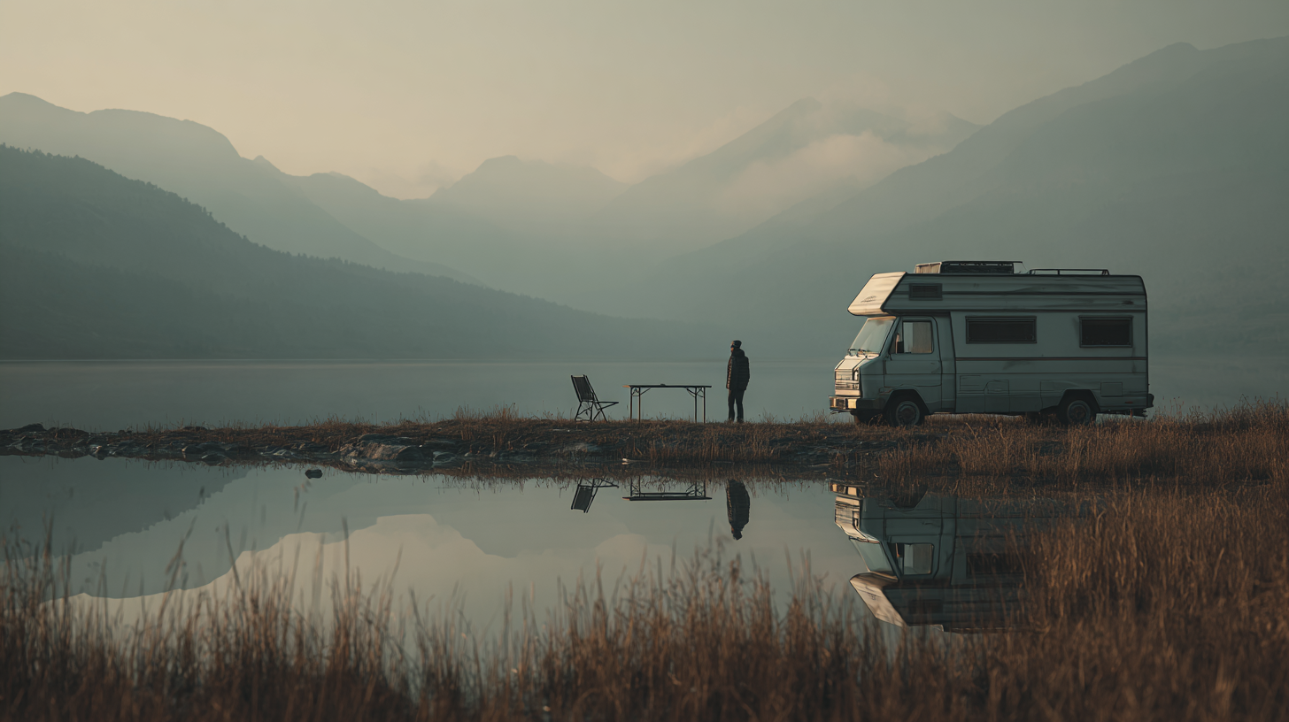 Illustrative campervan beside a quiet lake, showing an RV travel setting.